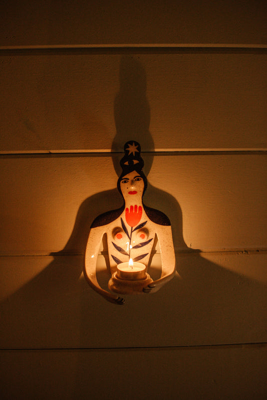 Candle Holder - pink hair lady