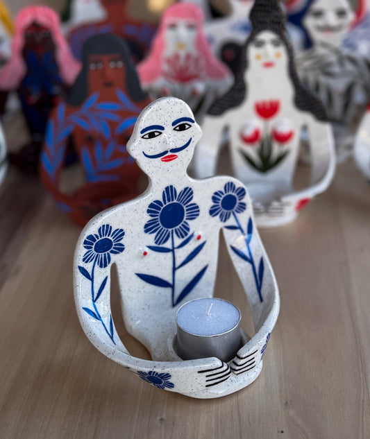 Candle Holder - blue flower boy