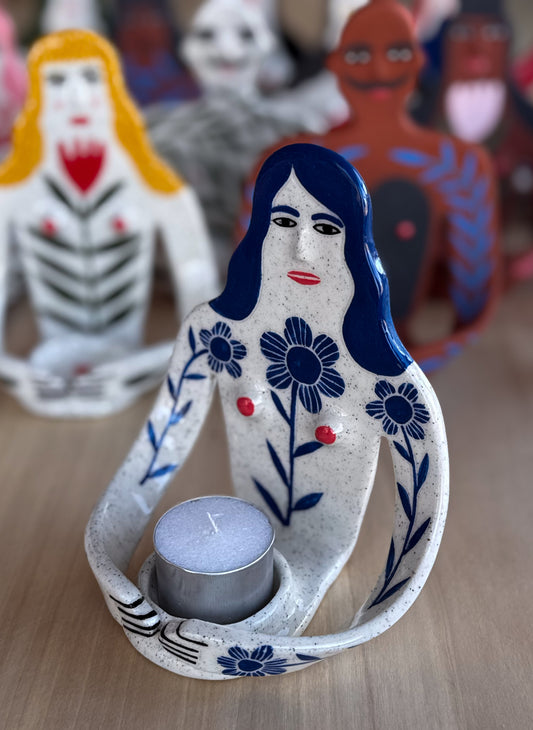 Candle Holder - a girl and her blue flowers