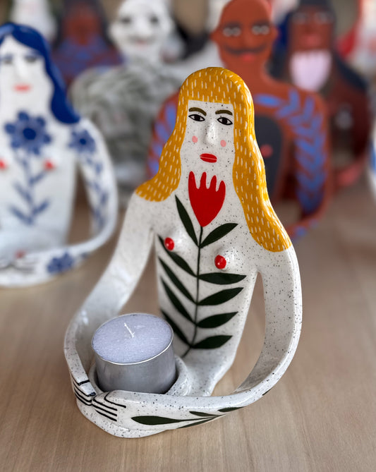 Candle Holder - lady and a red tulip