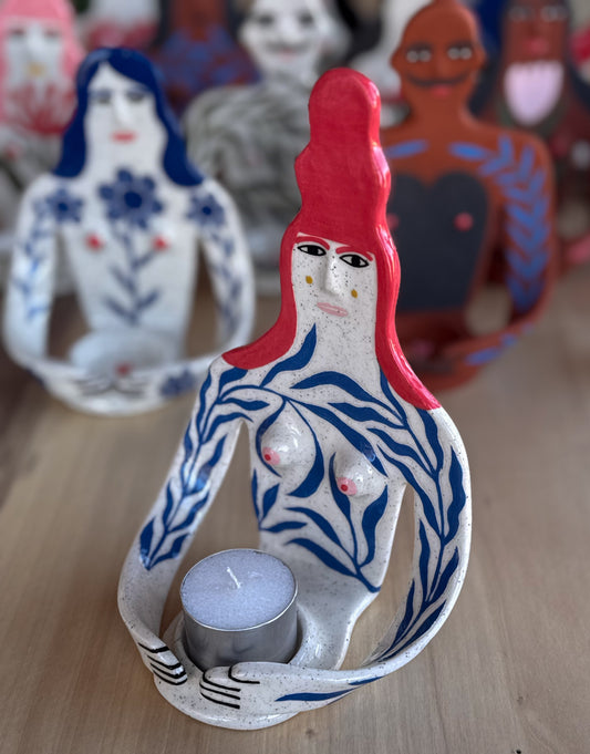 Candle Holder - red hair and blue flora