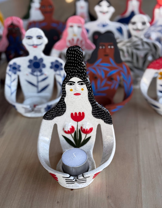 Candle Holder - lady with three tulips