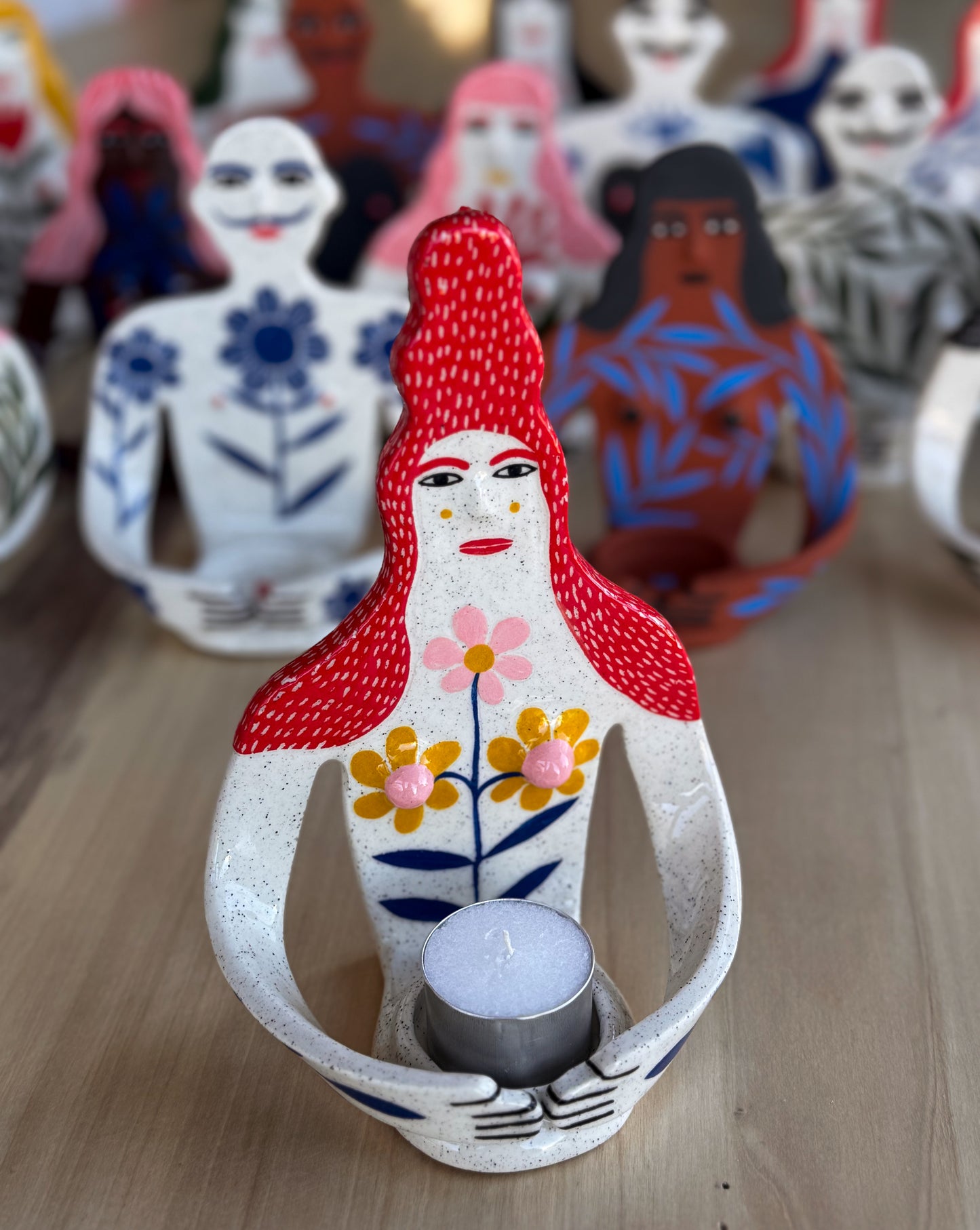 Candle Holder - red hair lady with three flowers