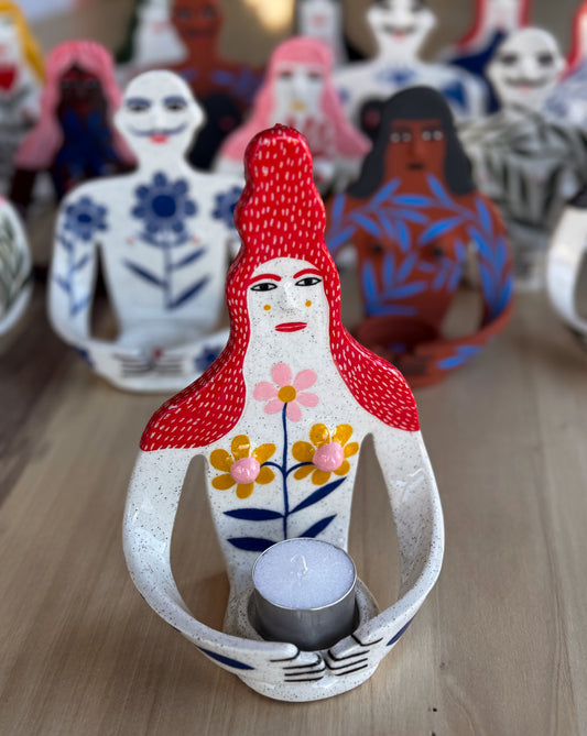 Candle Holder - red hair lady with three flowers