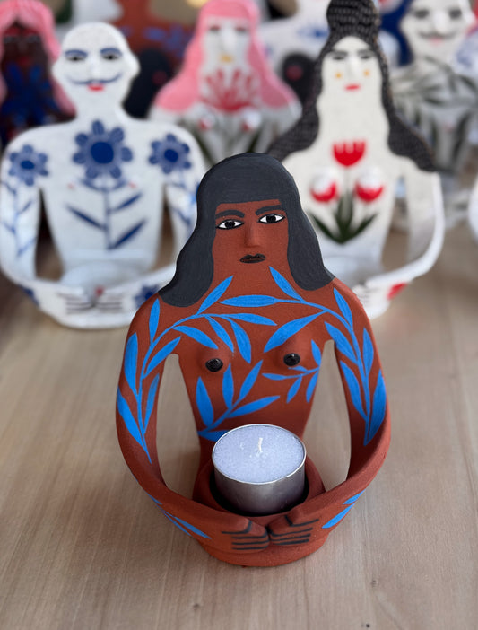 Candle Holder - blue plants lady