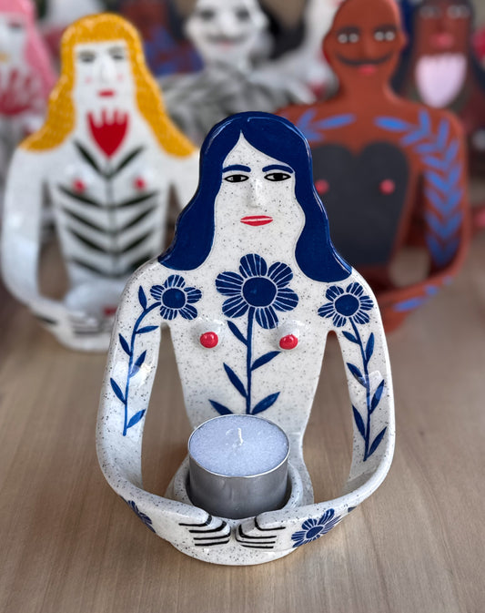 Candle Holder - a girl and her blue flowers