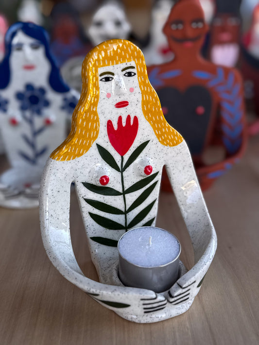 Candle Holder - lady and a red tulip