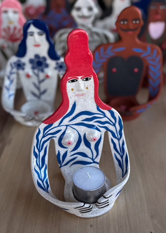 Candle Holder - red hair and blue flora