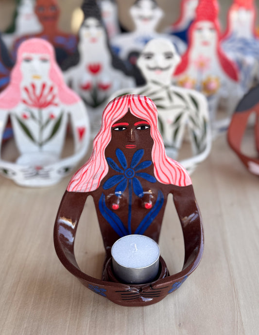Candle Holder - pink hair lady